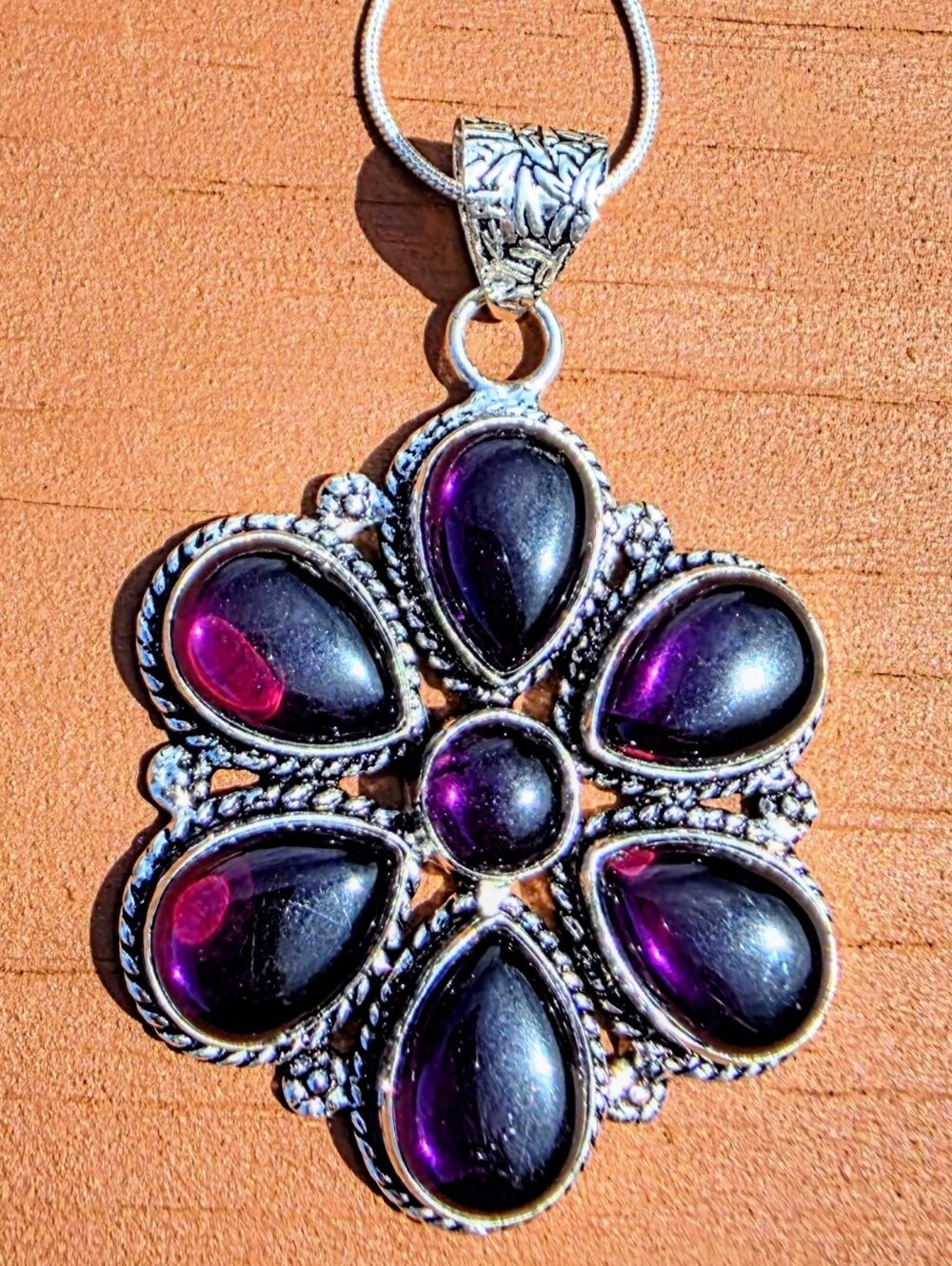 Amethyst Gemstone Pendant Necklace In 925 Sterling Silvee (2.25")